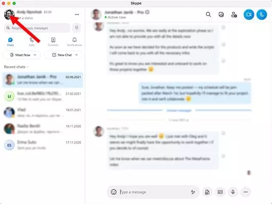 Click on your profile picture to access Skype Settings
