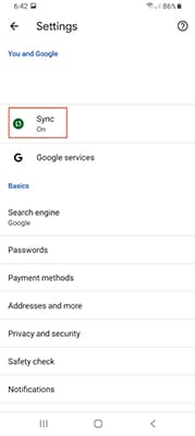 Chrome Android settings
