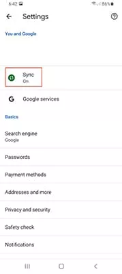 Chrome Android settings