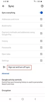 Chrome Android sync settings