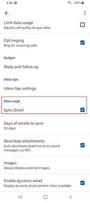 Gmail Android settings