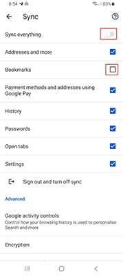 Chrome Android sync settings