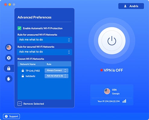 VeePN advanced preferences with automatic Wi-Fi protection enabled