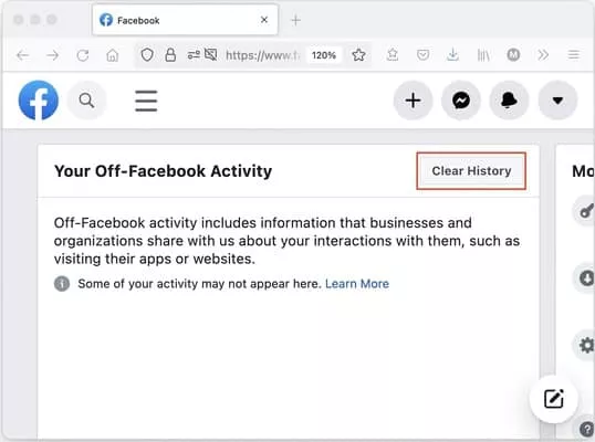 Manage Facebook activity page clear history button