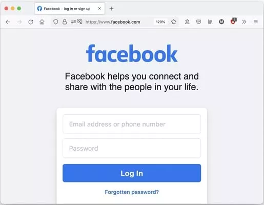 Facebook login screen