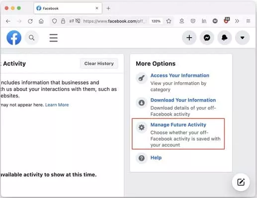 Off-Facebook activity page more options menu