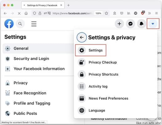 Facebook settings and privacy menu