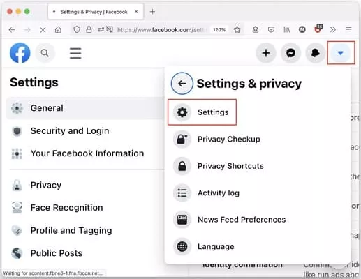 Facebook settings and privacy menu