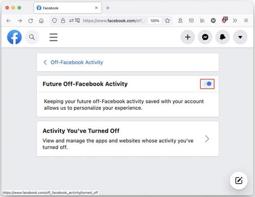 Future off-Facebook activity page with on/off switch