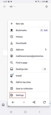 Firefox Android more options menu