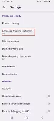 Firefox Android settings