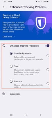 Firefox Android enhanced tracking protection