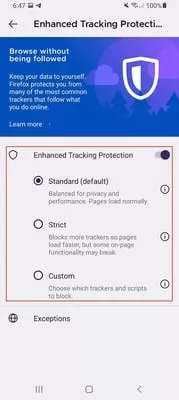 Firefox Android enhanced tracking protection