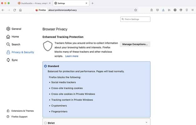 Firefox Privacy & Security settings