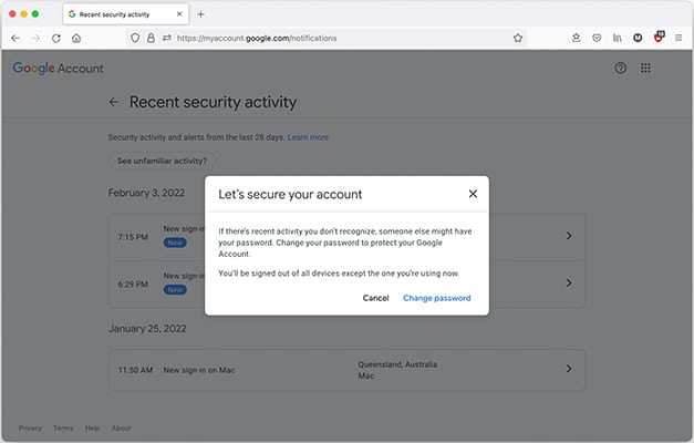 Google secure your account window