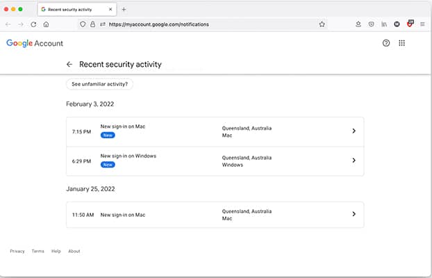 Google recent security activity page