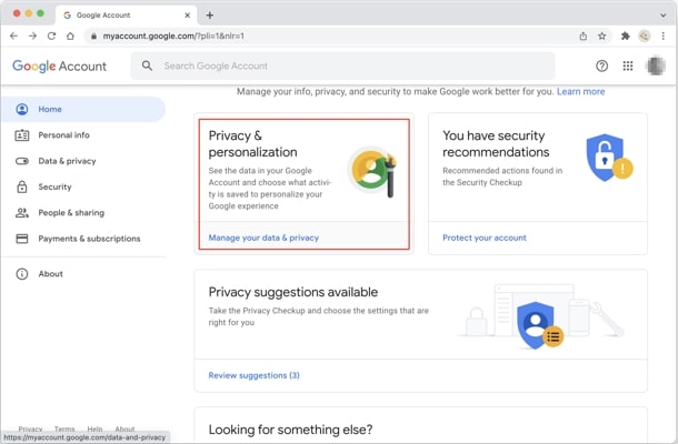 Google account settings with privacy and personalization highlighted