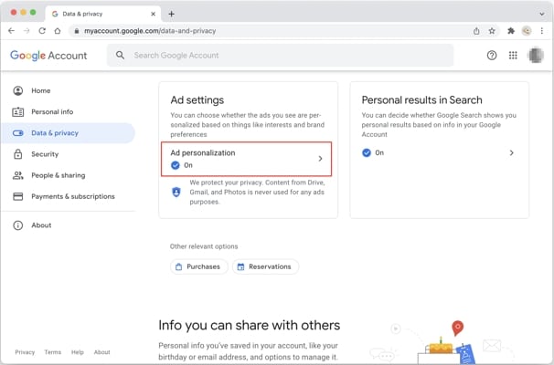 Google privacy settings with ad personalization highlighted