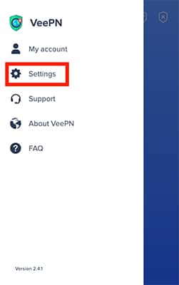 VeePN Chrome menu with settings highlighted