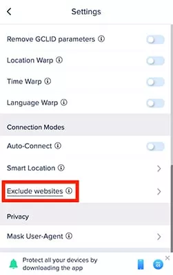 VeePN Chrome settings with exclude websites highlighted