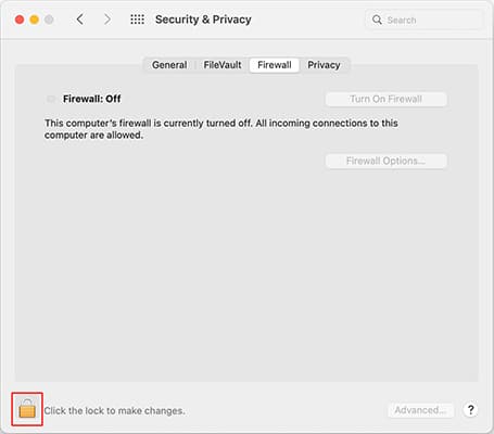 macOS Firewall preferences with firewall off