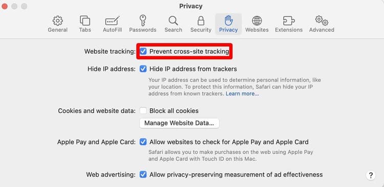 Safari Privacy preferences