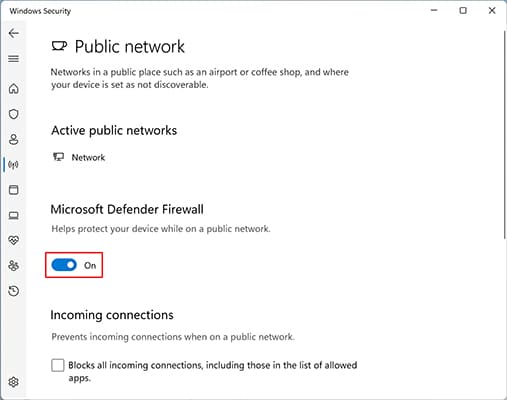 Windows public network settings