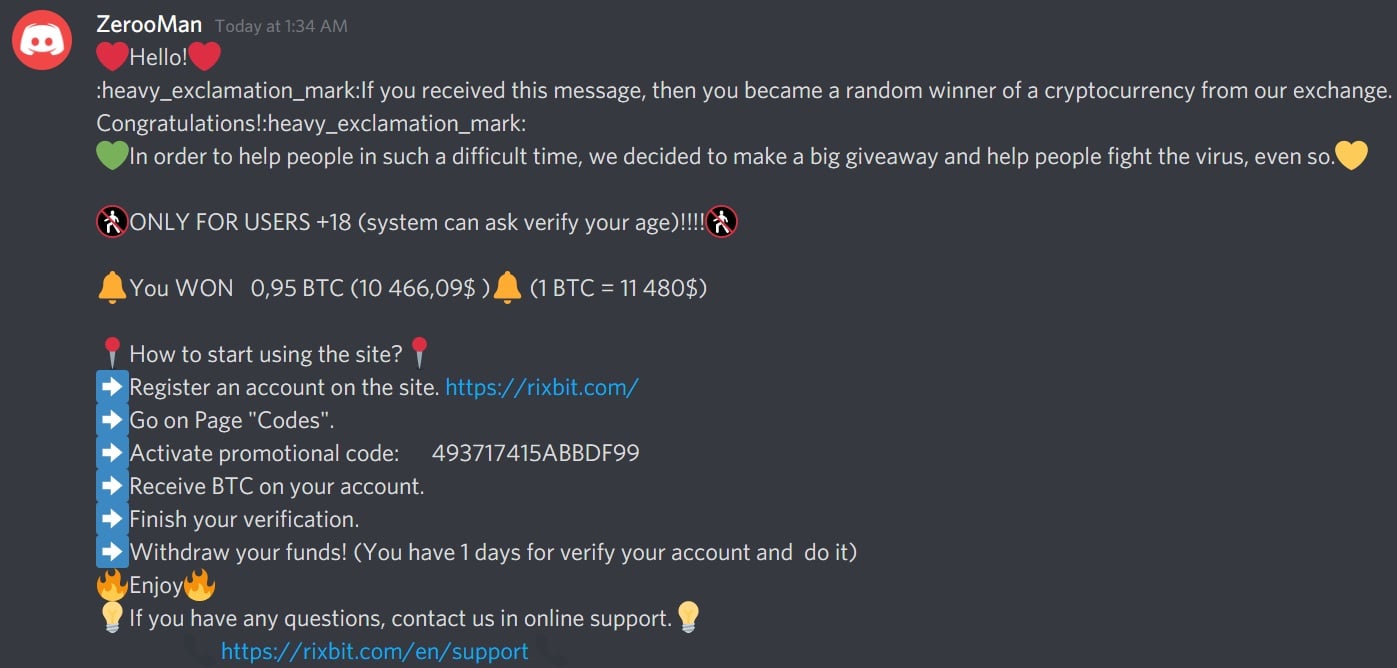 An example of a crypto scam in Discord