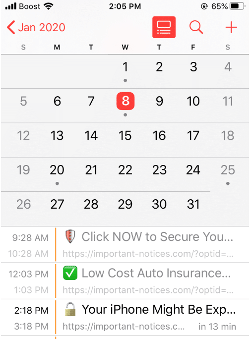 An example of calendar spam with fake security alerts