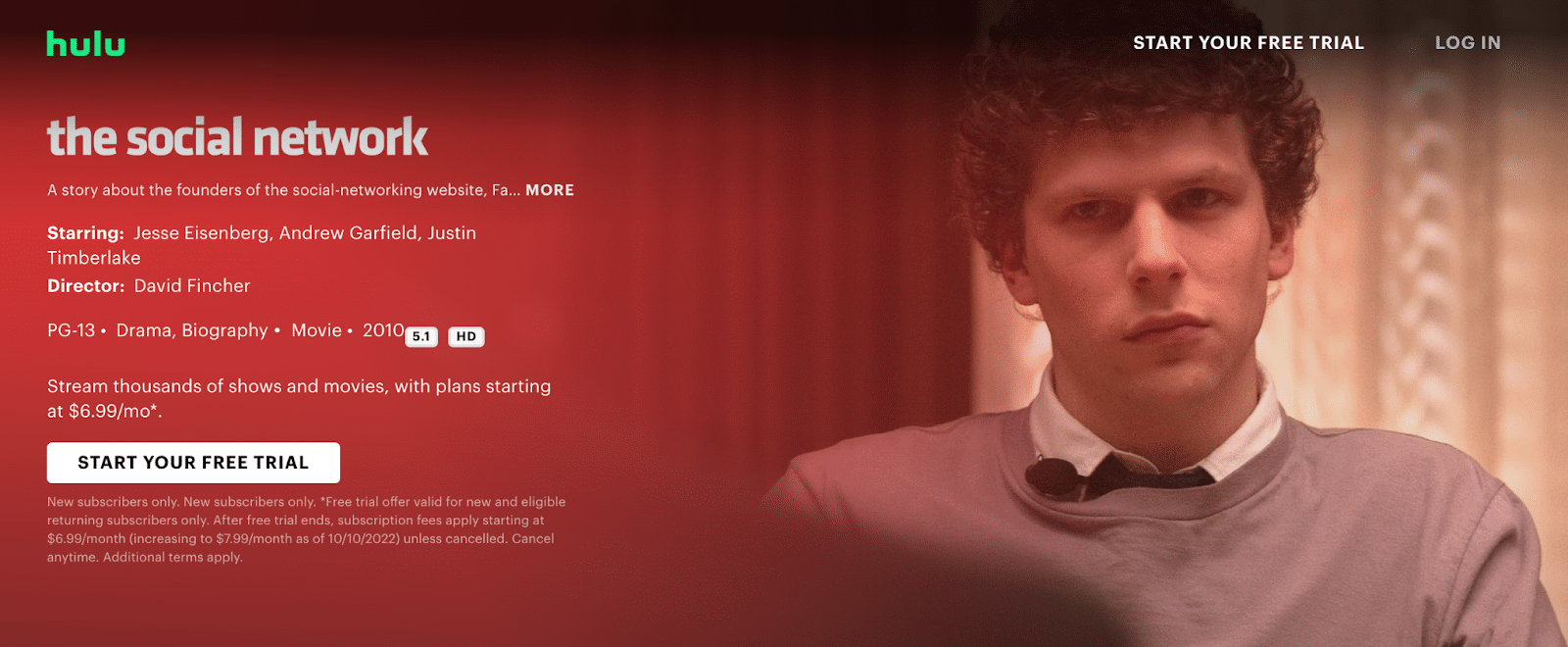 The Social Network movie available on Hulu