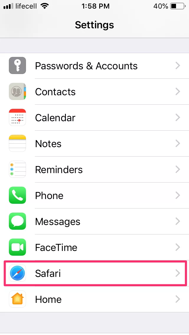 Select Safari in your iPhone settings