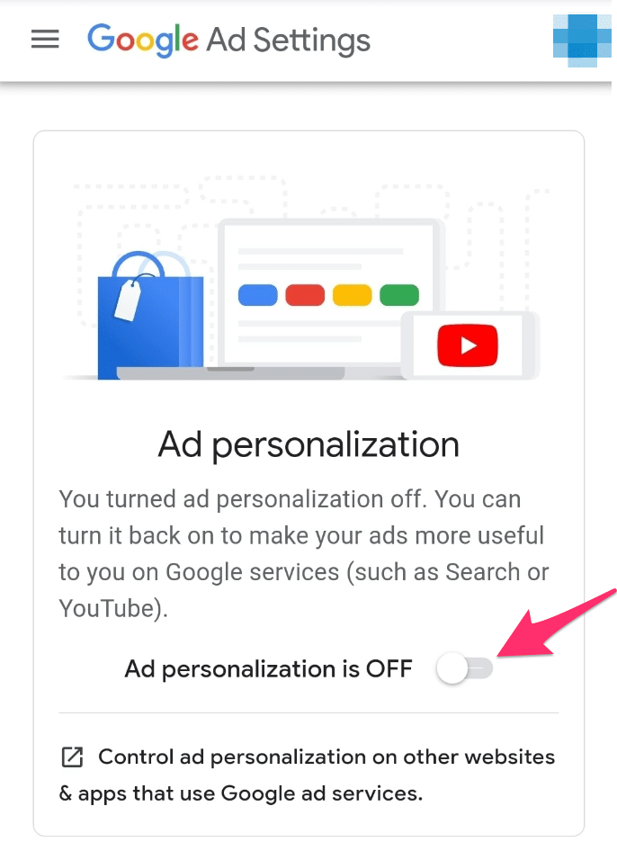 Turning off ad personalization in Google ad settings