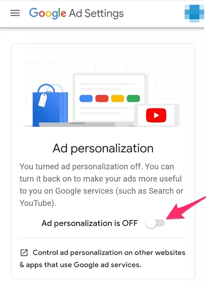 Turning off ad personalization in Google ad settings