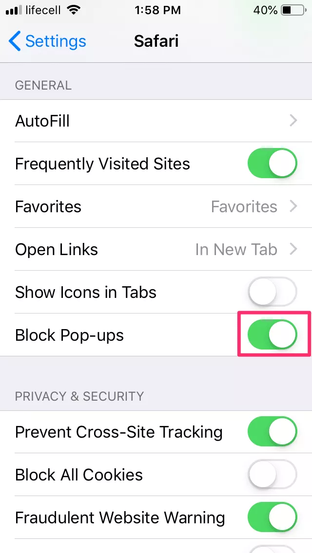 Enable the Block Pop-ups option