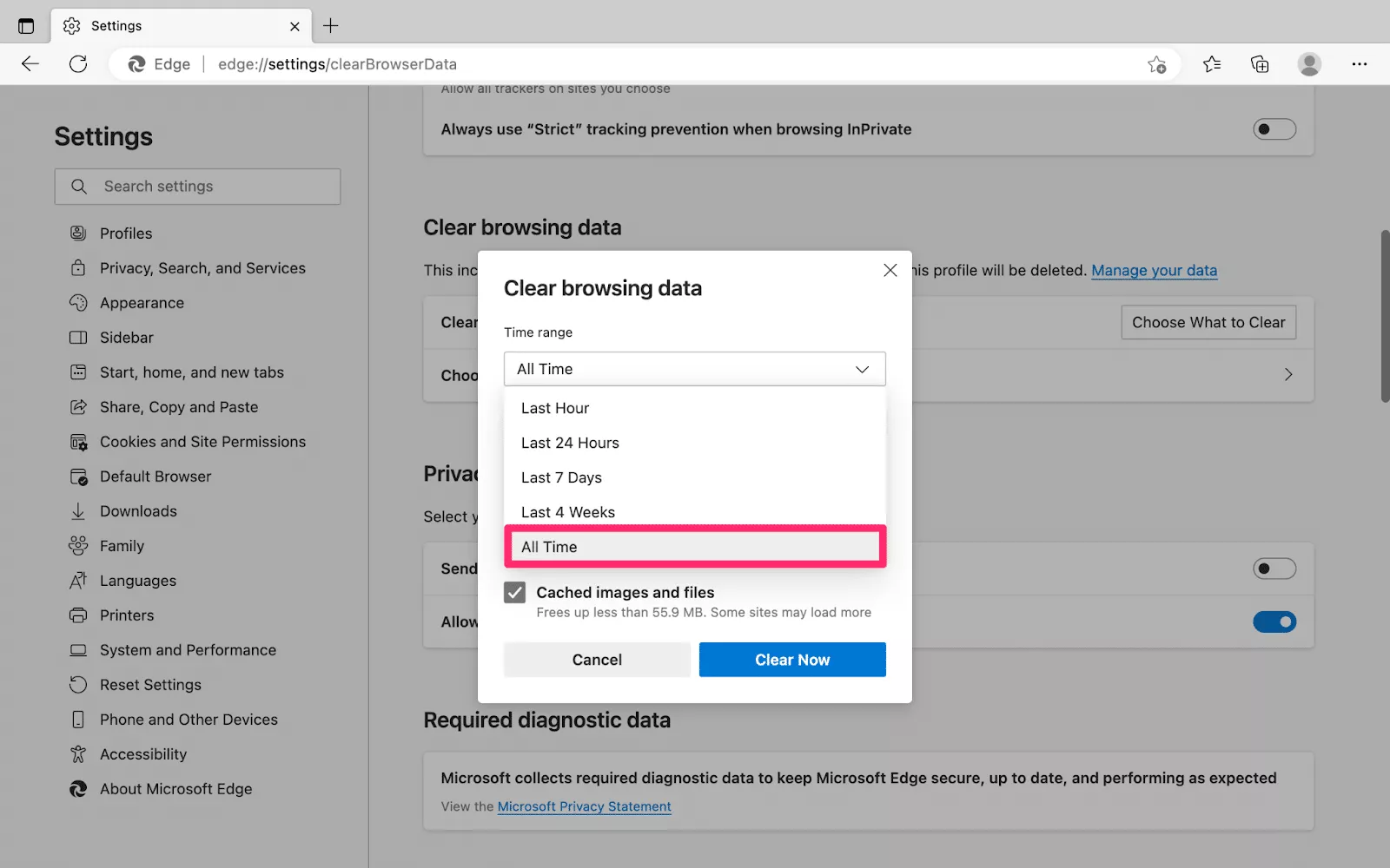 Select the time range for clearing your browsing history