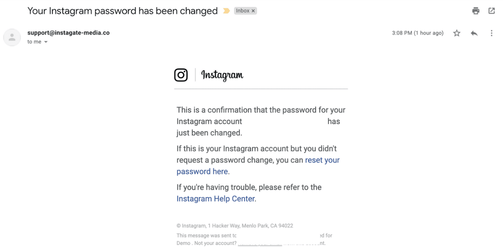 An example of an Instagram phishing email