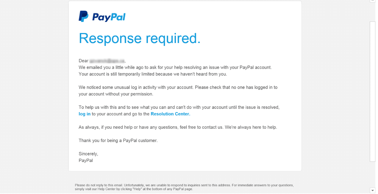An example of a fake email from PayPal