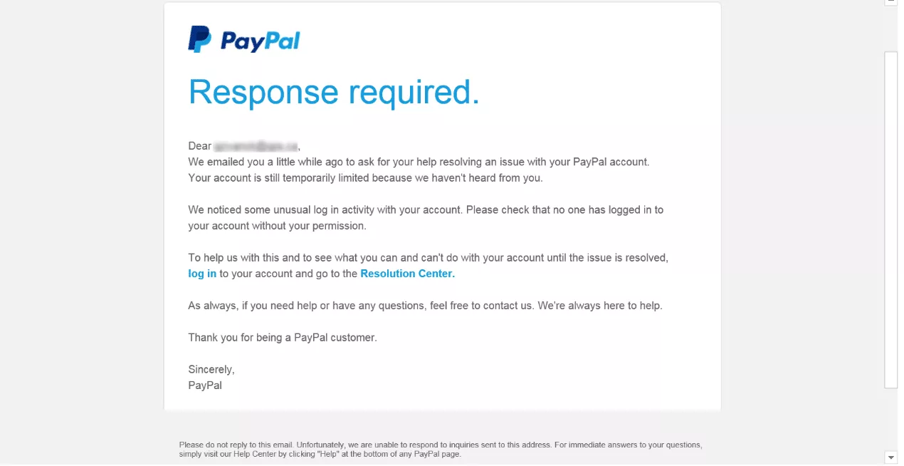 An example of a fake email from PayPal