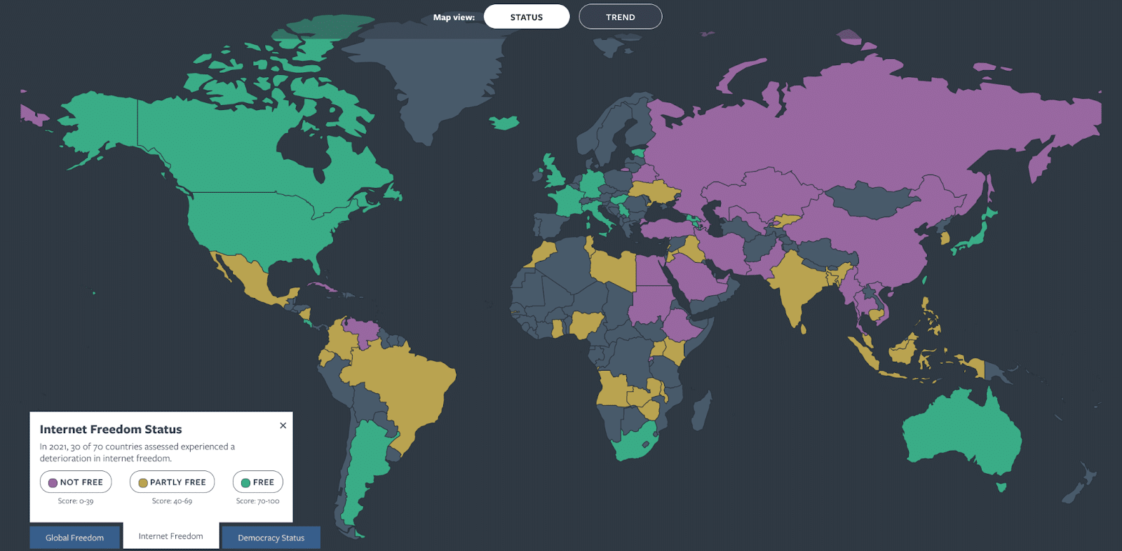 A map reflecting the current state of Internet freedom worldwide