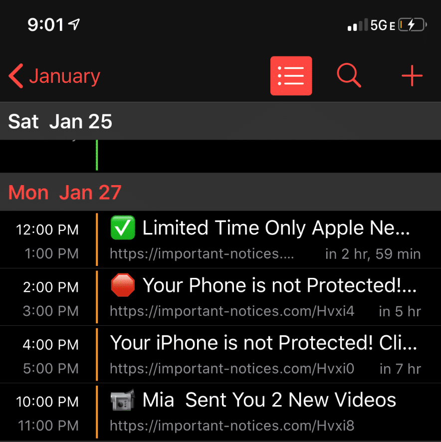 An example of fake alerts and notifications due to calendar spam