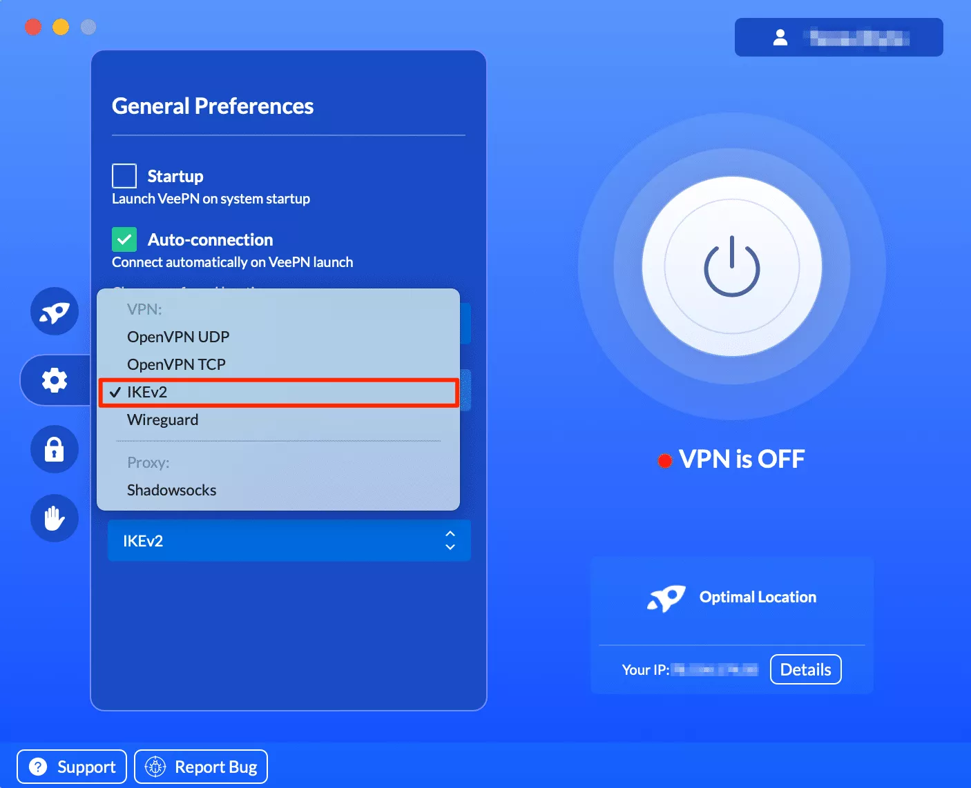 Select IKEv2 in the "Choose preferred protocol" drop-down window