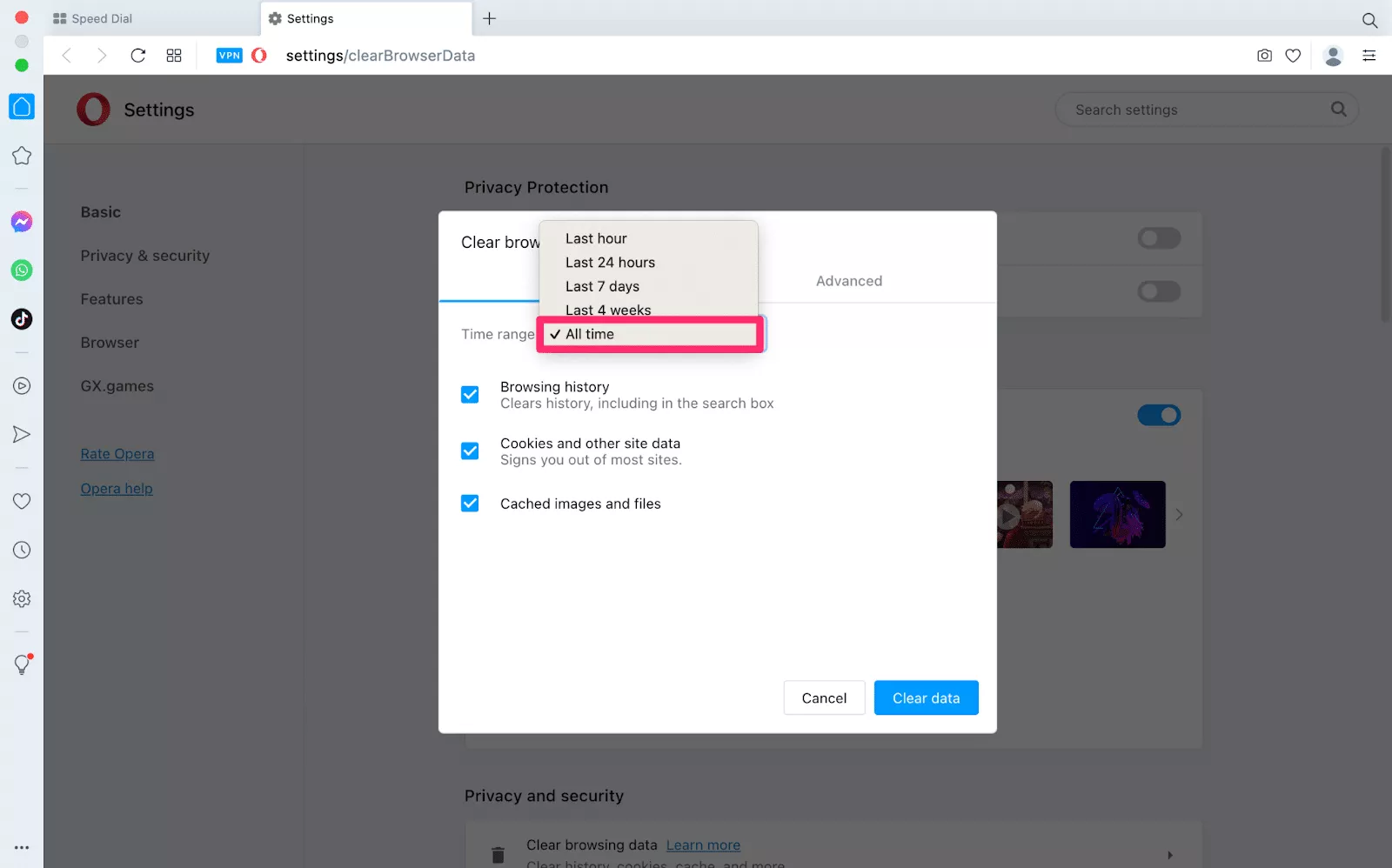 Pick the desired time range to clear your browsing data