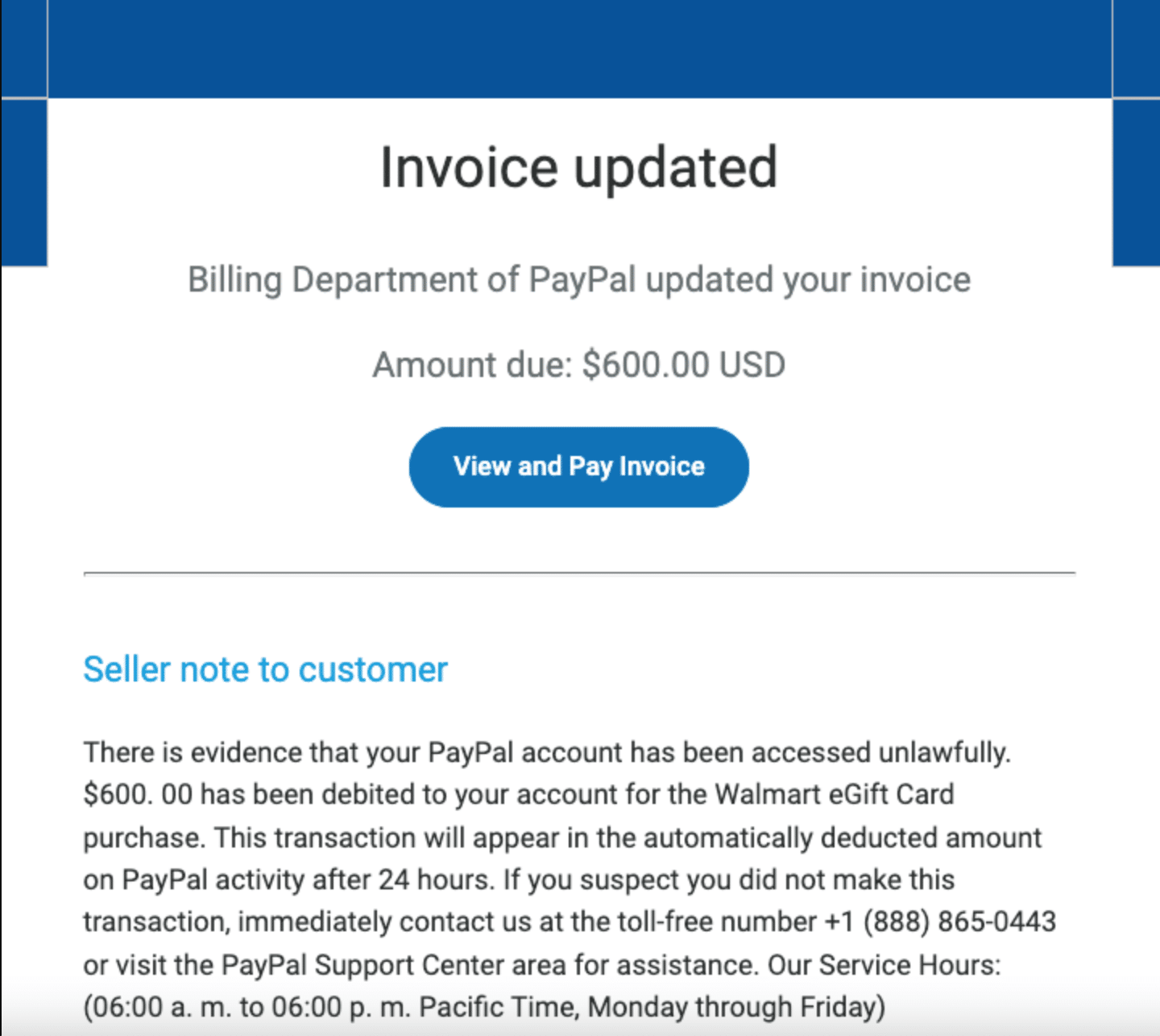 An example of a PayPal scam with a malicious link