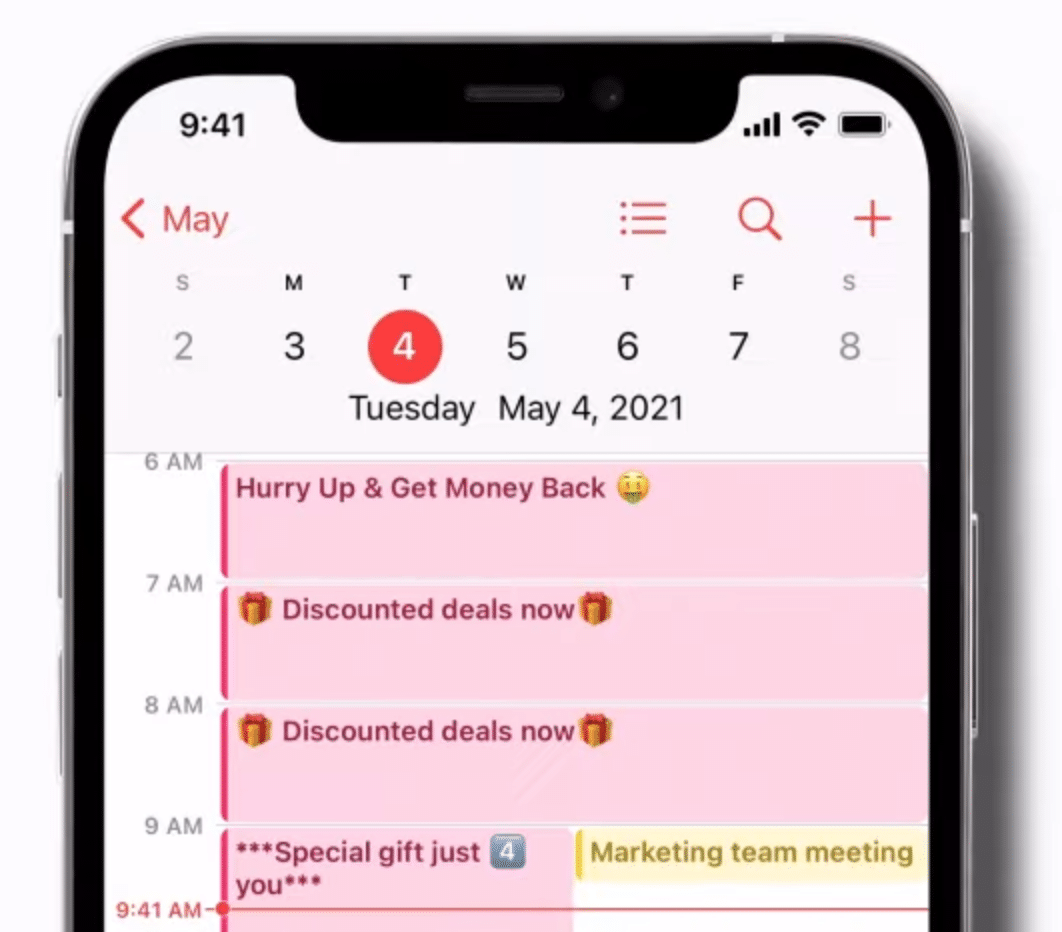 An example of iPhone calendar spam with deceptive offers
