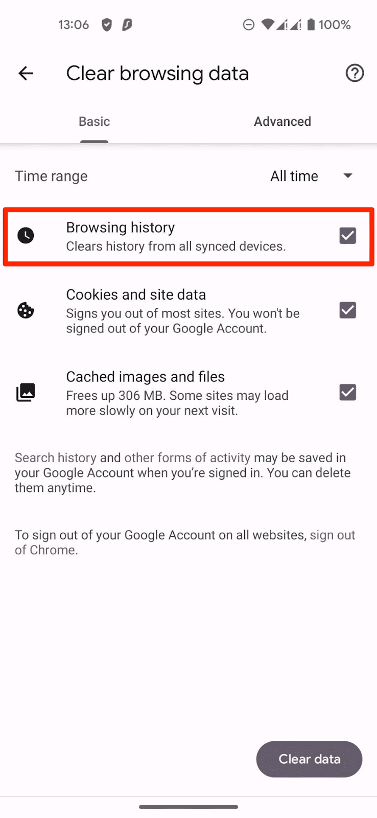 Enable the "Browsing history" box