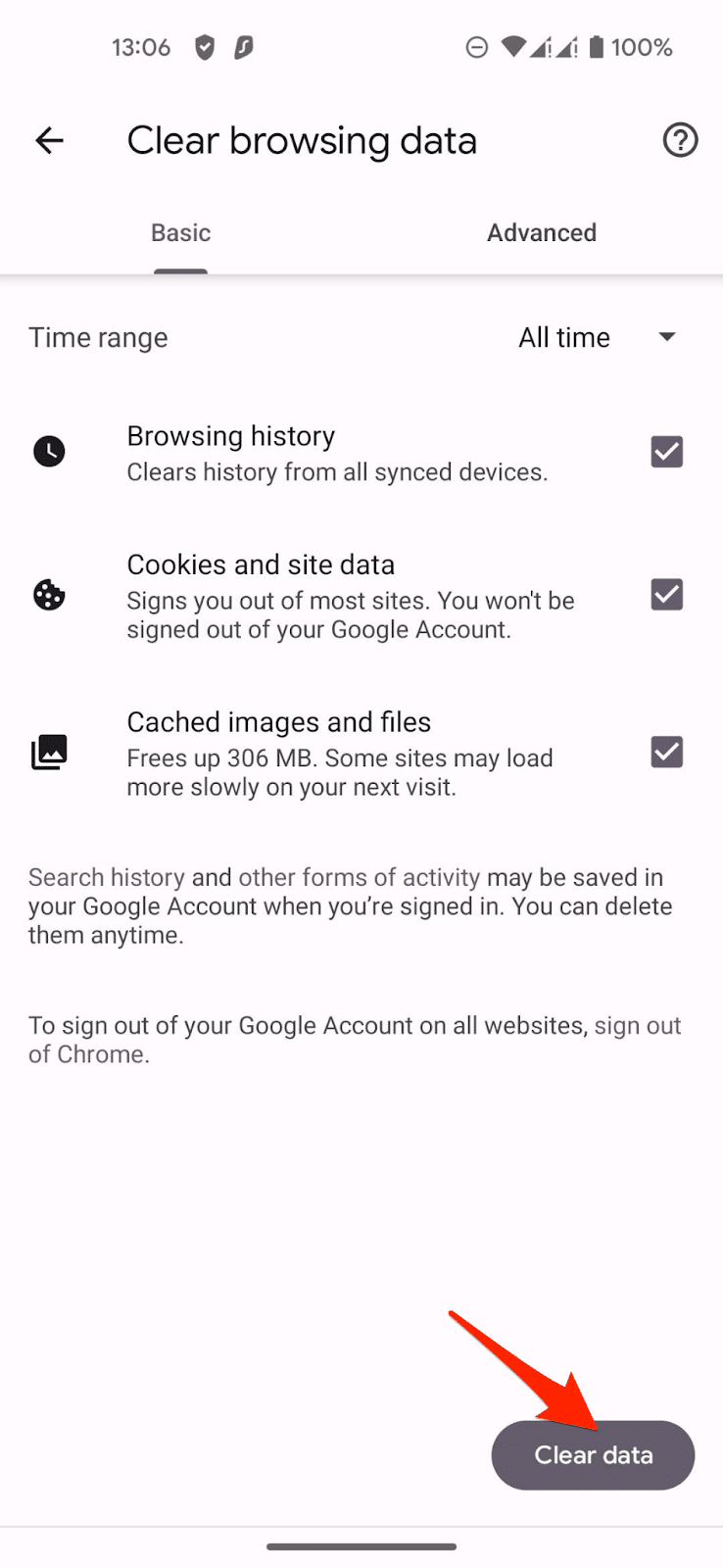 Tap the "Clear data" button