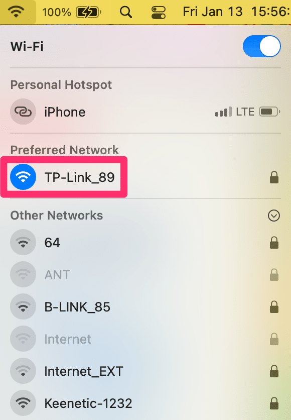 On macOS, the network name highlighted in blue color is your SSID