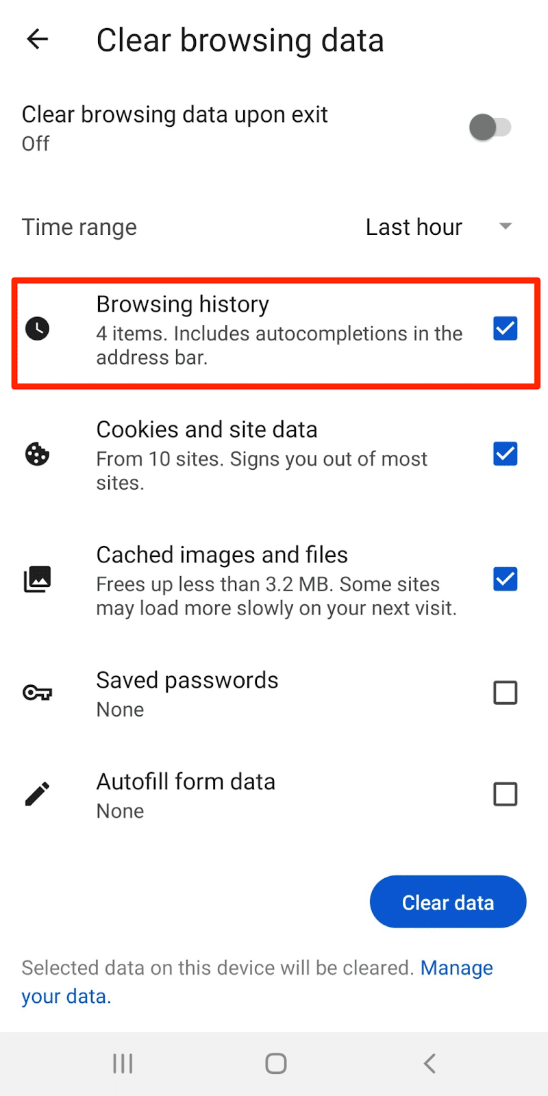 Enable the "Browsing history" box