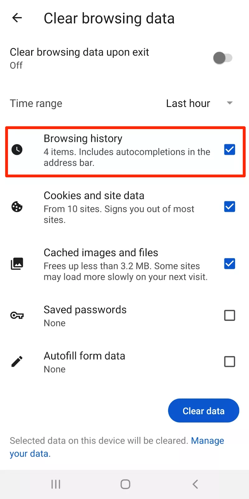 Enable the "Browsing history" box