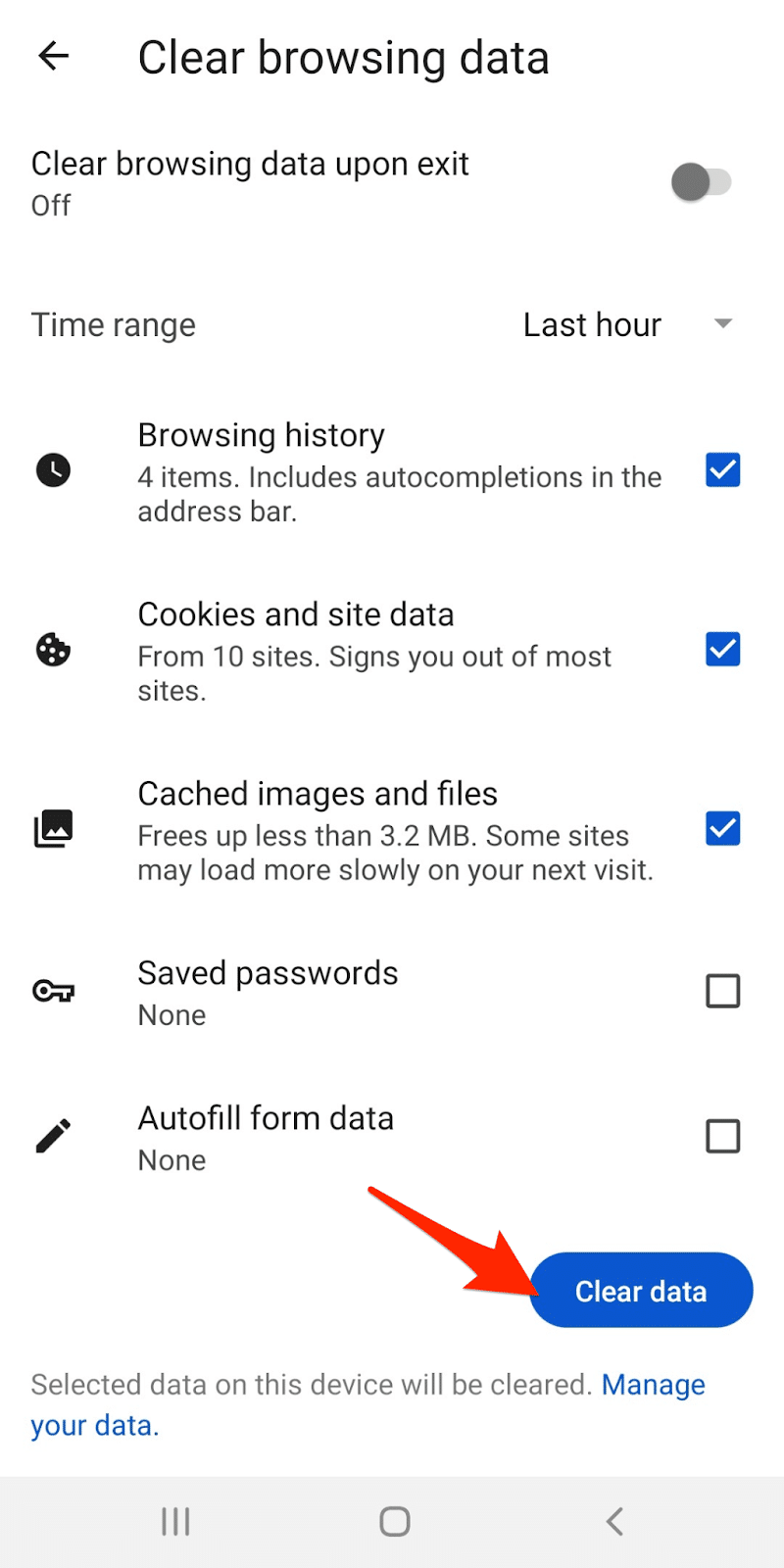 Tap the "Clear data" button
